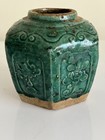 Large Antique 1850s Goldfield Chinese Green Hexagonal Flowers Ceramic Ginger Jar