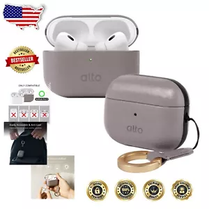 Minimalist Gray Italian Leather Case for AirPods Pro 2 with Keychain Attachment - Picture 1 of 10