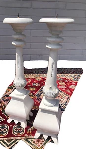 Pillar Wood Candle Holders PAIR Farmhouse Decor 24” Rustic Ornate - Picture 1 of 12