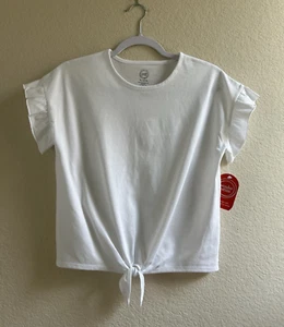 Wonder Nation Girls White Ruffle Short Sleeve Tie Front Shirt Size XL (14-16)NWT - Picture 1 of 11