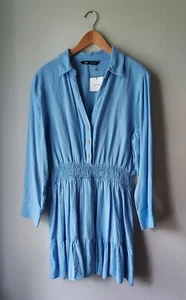 Zara Kleid Größe L NEU Neu mit Etikett Leinenmischung Periwinkle Langarm gesmokt - Bild 1 von 15