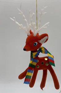 Vintage rot beflockt Rentier Kunststoff Weihnachtsschmuck trägt Schal weiß Geweih - Bild 1 von 7