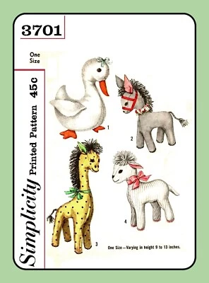 STUFFED Animal Pattern 3701 Duck Donkey Giraffe Lamb Toy VTG 1960 9" to 13" - Image 1 of 4