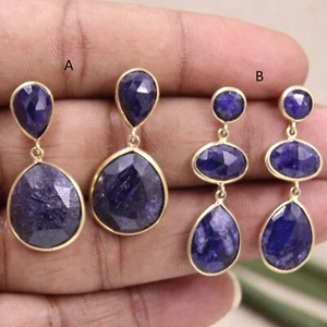 Dyed Blue Sapphire Dangle Post Earring Fine 925 Silver Gold Plated Jewelry - Picture 1 of 9