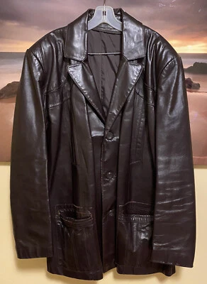 Chaqueta De Colección Cuero Para Hombre Cierre de Botones Marrón Trinchera Club de Lucha Discoteca Años 70 Foto 1 de 4