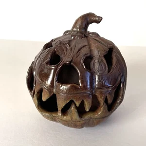 Handmade Pottery Jack O’Lantern Ugly Face Signed 4” Scary Evil Pumpkin Oddity - Picture 1 of 9