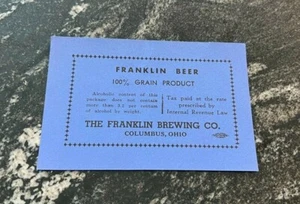 IRTP FRANKLIN BEER BOTTLE - BARREL - KEG LABEL FRANKLIN BRG COLUMBUS OH 3.2% - Picture 1 of 1