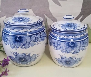 *2* RARE Vintage Delft Blue FARIA & BENTO PORTUGAL Faience Jars Canisters~w/Lids - Picture 1 of 23