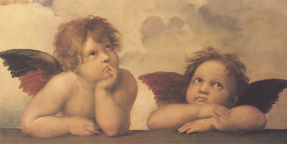 Raffaello Sanzio Angeli Cherubini 27,5" x 55" Litografía Offset 1996 Romanticismo Foto 1 de 1