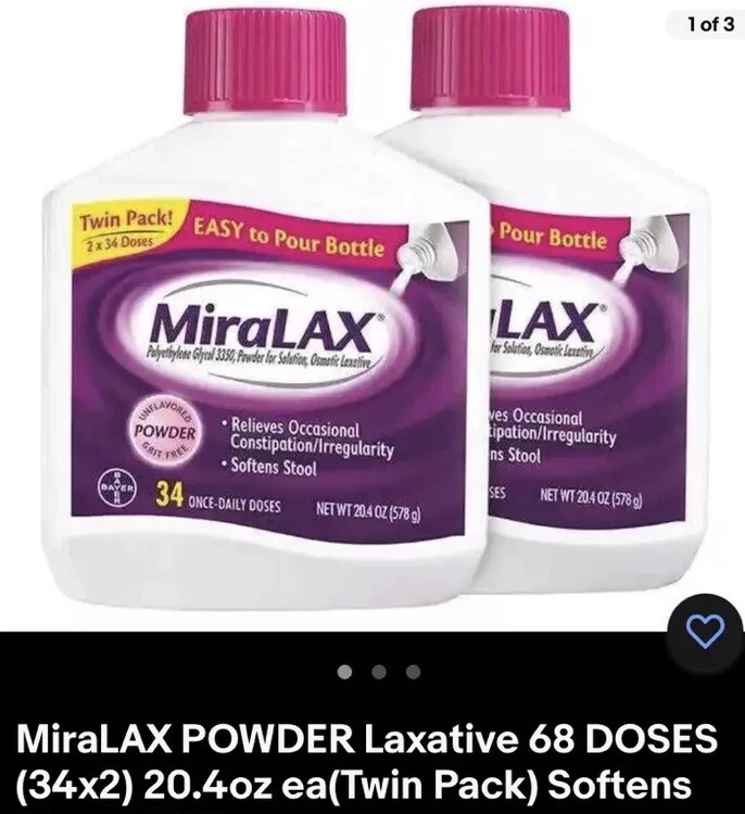 MiraLAX POLVO Laxante 68 Dosis (34x2) 20.4oz ea (Paquete Doble) Suaviza el Taburete Mejor! Foto 1 de 1