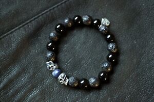 Men's Bracelet with Sapphire, Volcanic Lava & Onyx & Handmade Silver Skulls