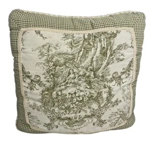Toile Throw Pillow Green Ivory White Gingham Check Romantic French Country 18x18 - Picture 1 of 11