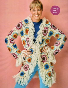 (5616) Aran Crochet Pattern for Stunning Fringed Granny Square Jacket Sizes S-3X - Picture 1 of 6