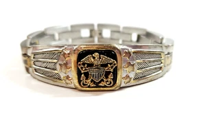 Bradford Exchange US Navy Emblem Tribute Men's 2 Tone Stainless Steel Bracelet - Picture 1 of 9