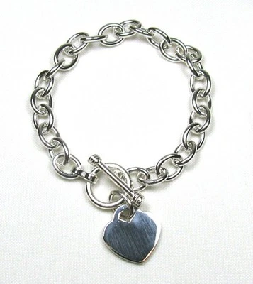 Heart Charm Toggle Solid Sterling Silver Bracelet (Med) Plus Size 8.5" - Image 1 of 2
