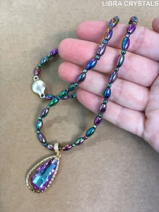 Enchanting Rainbow Hematite Bead Glass Crystal Teardrop Pendant Necklace Purple - Picture 1 of 4