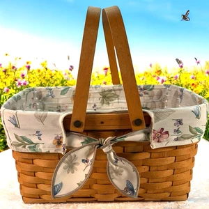 Longaberger Rectangle Basket Swing Handle Botanical Field Liner Protector READ - Picture 1 of 22
