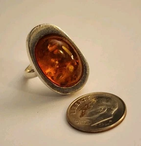 Large Vintage Sterling Silver With Amber Ring - Size 8 (9.9g) - Picture 1 of 5