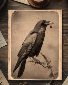 Vintage Victorian Raven with Tiny Red Heart Valentine Card Gothic Macabre - Picture 1 of 4