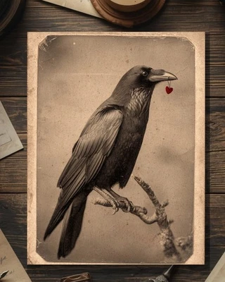 Vintage Victorian Raven with Tiny Red Heart Valentine Card Gothic Macabre - Image 1 of 4