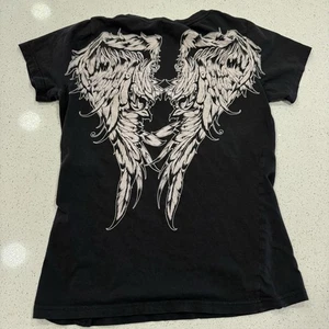 VTG Y2K Metal Mulisha Women’s Tee L SHIRT Fallen Angel Wings Black Baby T - Picture 1 of 9