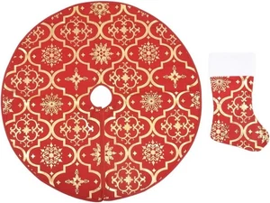 Luxury Christmas Tree Skirt with Matching Sock with Snow Patterns 5 ft Red - Picture 1 of 13