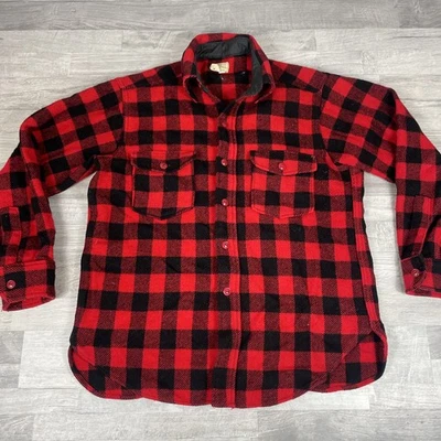 Vtg LL Bean Flannel Shirt Jacket Heavy Wool Med Hunting Buffalo Red Black Plaid - Image 1 of 4