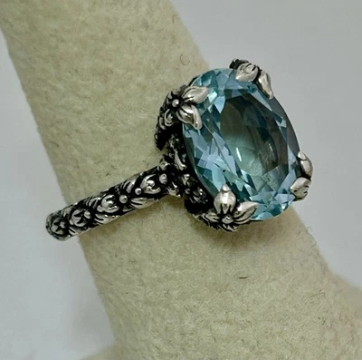Кольцо с цветочным узором QVC Stephen Dweck из чистого серебра с овальным голубым топазом размер 7,5 - Изображение 1 из 4