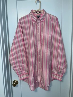 LANDS END Button Down Mens 17 1/2 36-37 Tall Striped Super Fine 2 Ply Yarn Shirt - Image 1 of 4