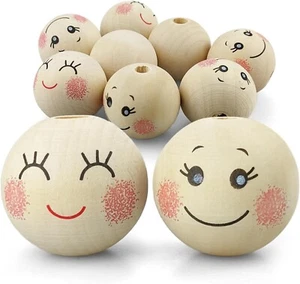 8x Holz-Kugeln mit Gesicht smiling face 30 mm Natur runde Bastel-Perlen mit Loch - Bild 1 von 7