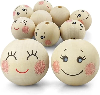 8x Holz-Kugeln mit Gesicht smiling face 30 mm Natur runde Bastel-Perlen mit Loch - Bild 1 von 4