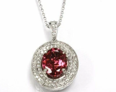 2.9 ctw Natural Pink Tourmaline Diamond 14k White Gold Two Halo Pendant Necklace - Image 1 of 4