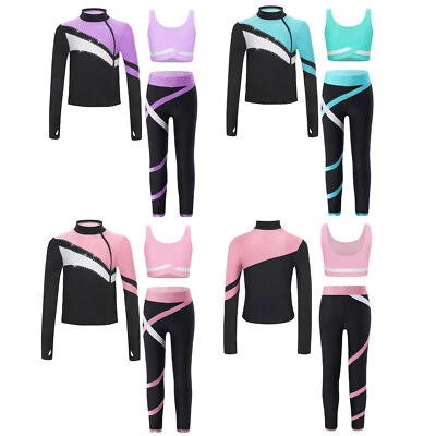 Girls Figure Ice Skating Outfits Zipper Jacket Crop Top And Athletic Leggings - Image 1 of 3