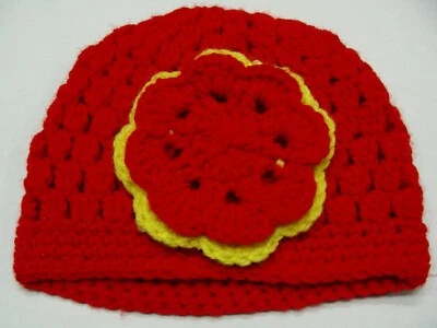 RED WITH FLOWER - HAND KNITTED - TODDLER SIZE STOCKING CAP BEANIE HAT! - Image 1 of 3