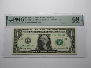 $1 2017 Near Solid Serial Number Federal Reserve Bank Note Bill UNC68 #66166666 - Picture 1 of 3