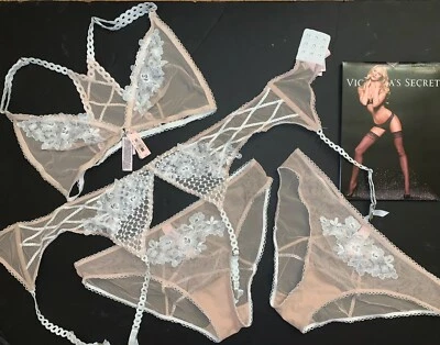 Victoria's Secret 34D,36B,36C L BRA BRALETTE SET+garter BEIGE white embroidered - Image 1 of 4