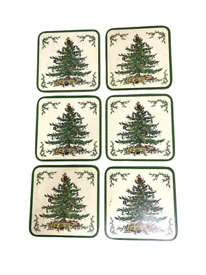 Spode "Christmas Tree" Set of 6 Coasters Made in England Vintage Box Place Mats - Image 1 of 3