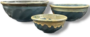 Trio of TUMBLEWEED POTTERY Glazed Nested Bowls Blue Cream Drip - Picture 1 of 24