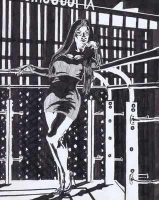 Dibujo a tinta original Mujer en un balcón Ilustración expresionista Foto 1 de 2