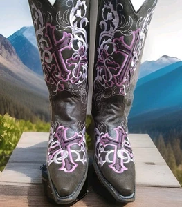 Womens JUSTIN Sepia Calf Cowboy Boots Size 9B Purple Cross 12" Shaft L 3750 - Picture 1 of 15
