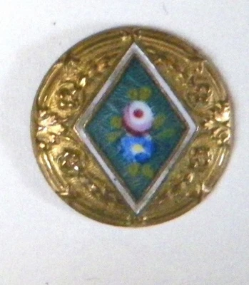Bb Diamond Center Basse-taille!!!!!!! Enamel  ANTIQUE BUTTON Painted Rose - Image 1 of 2