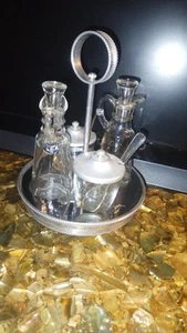 RARE VINTAGE ALUMINUM LAZY SUSAN WITH GLASS CRUET BOTTLES Oil Vinegar Reception - Picture 1 of 10
