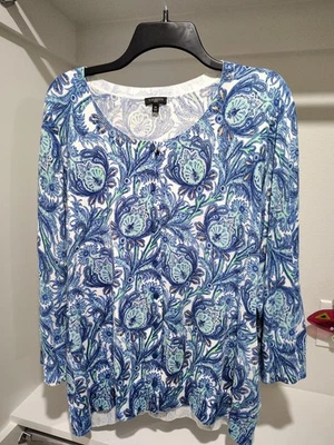 Talbots 蓝色花卉佩斯利印花 3/4 袖纽扣前开衫毛衣,尺寸 3X — 第 1/4 张图片