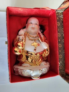 Porcelain Statue Figurine Gold Buddha in Vintage Box (14.5oz) - Picture 1 of 10