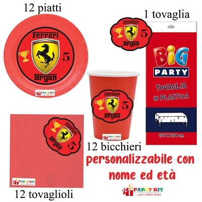 Kit 37 Pz FERRARI Addobbi Festa Piatti Bicchieri Tovaglia Personalizzato - Immagine 1 di 2