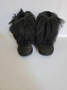 UGG Australia schwarz S/N 1875 Lammfell mongolische Haare Fell Manschette Stiefel Größe USA 7 - Bild 1 von 16