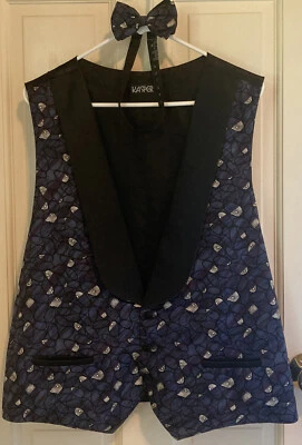 Kasper Bracci By Elite Formal Vest & Bow Tie Blue Black Wht Mod Silk Size Large - Image 1 of 4