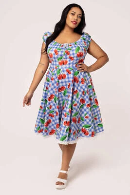 Picnic Dress Hell Bunny XL-6XL 16-26 gingham blue cherries 50s retro vintage - Image 1 of 4