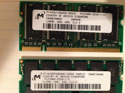2 MICRON MEMORY Bds-  MT4VDDT1664HG-265C2  128MB  /   MT16VDDF6464HG-335G2 512MB - Image 1 of 2