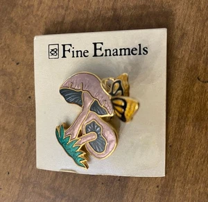 Fine Enamels Enamel Mushroom Butterfly Pin Brooch Estate Sale Find! Gold Tone - Picture 1 of 4